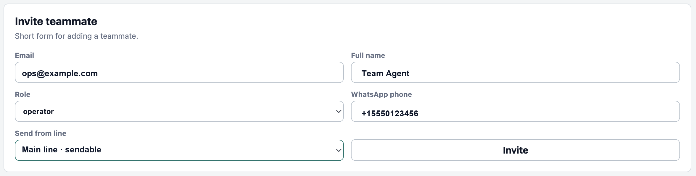 Invite teammate form with demo email, full name, role, WhatsApp phone, send from line, and invite button