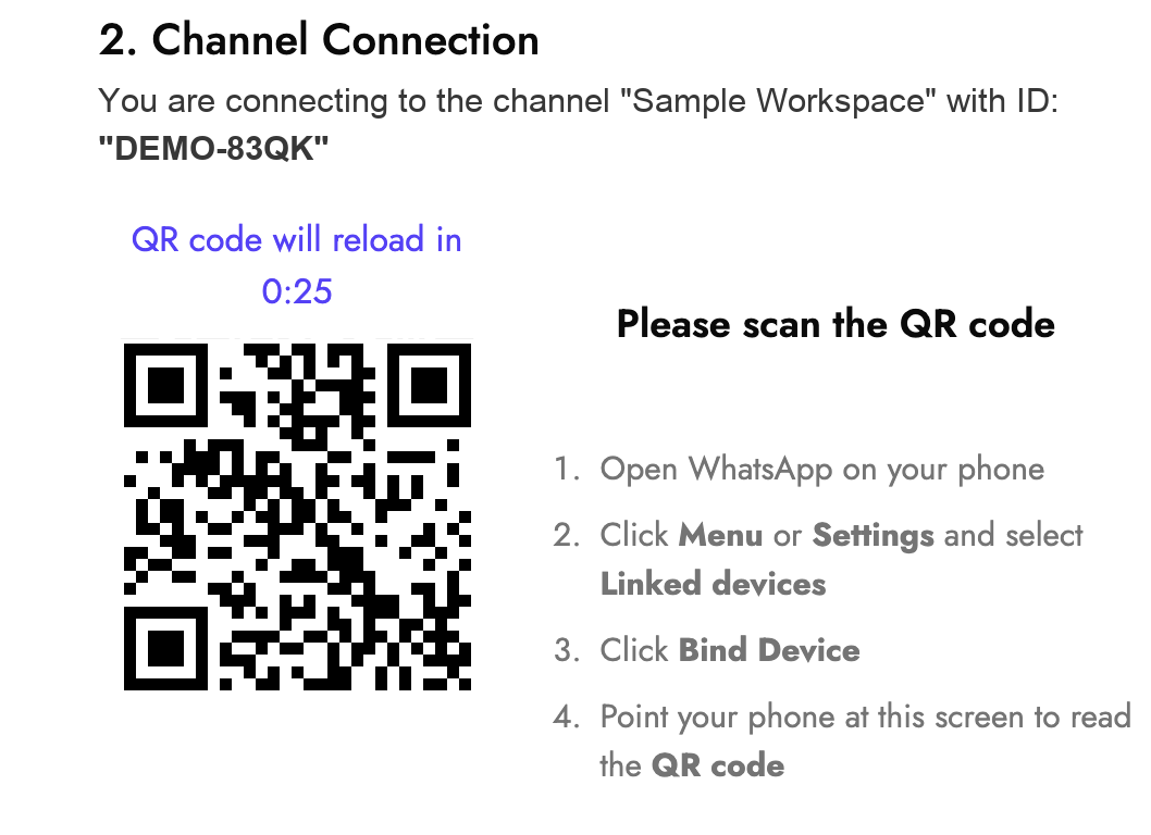 WhatsApp channel connection screen with demo QR code scan instructions