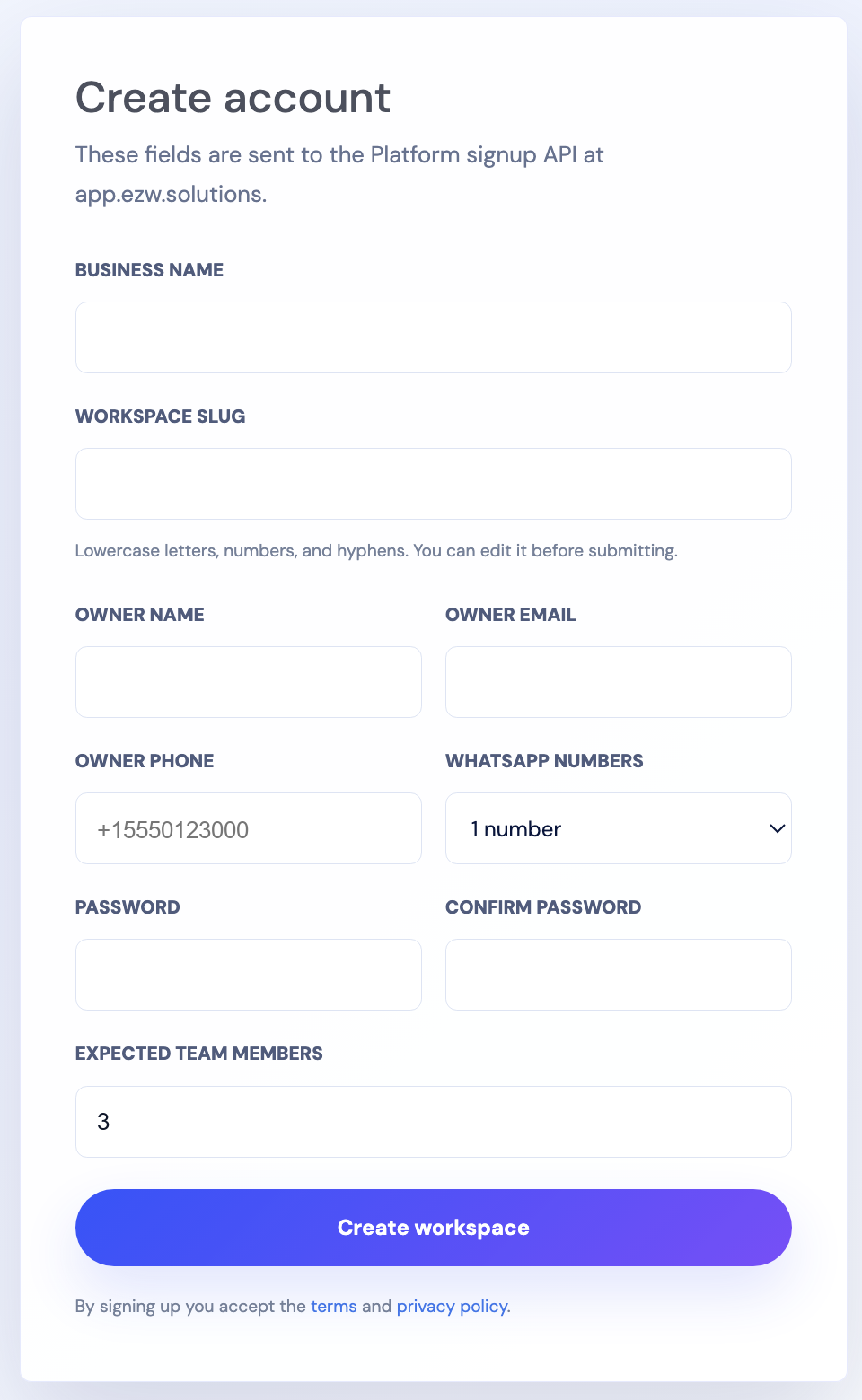 Workspace creation screen with business name, owner details, team size, and create workspace button